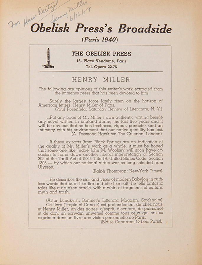 Presentation copy of the first edition of Of By and About Henry Miller, by Henry Miller to his Danish publisher Hans Reitzel.
