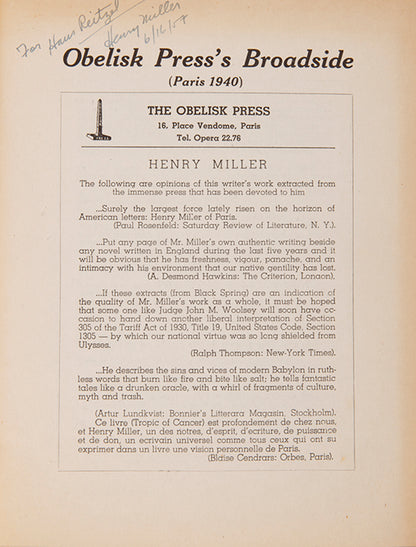 Presentation copy of the first edition of Of By and About Henry Miller, by Henry Miller to his Danish publisher Hans Reitzel.