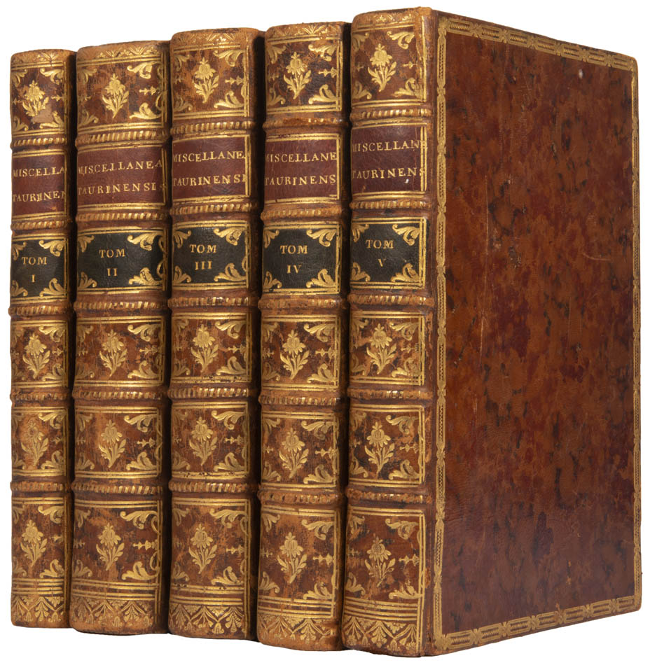 The 5 complete volumes of the Miscellanea Taurinensis, all first editions, containing some major texts by Lagrange, Euler, Cigna and others.