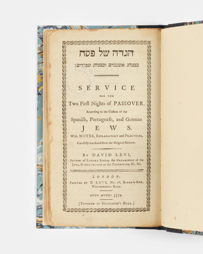 Combined Ashkenazic and Sephardic Haggadah published by David Levi, one of the pioneers of Jewish printing in London.