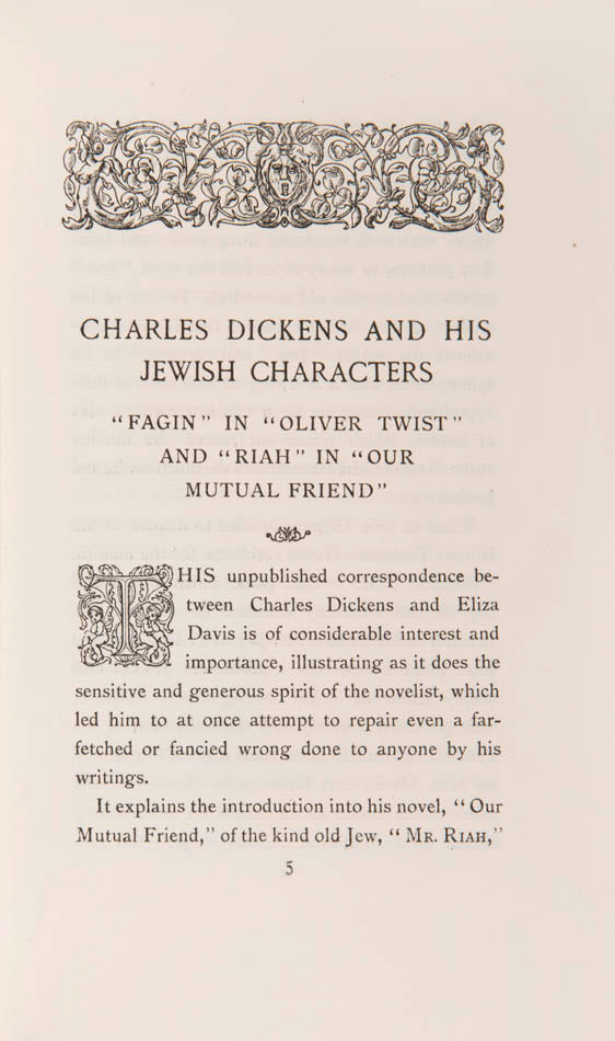Autograph correspondence between Charles Dickens and Eliza Davis, concerning the Jewish characters in his novels.