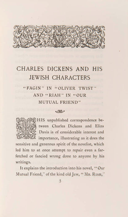 Autograph correspondence between Charles Dickens and Eliza Davis, concerning the Jewish characters in his novels.