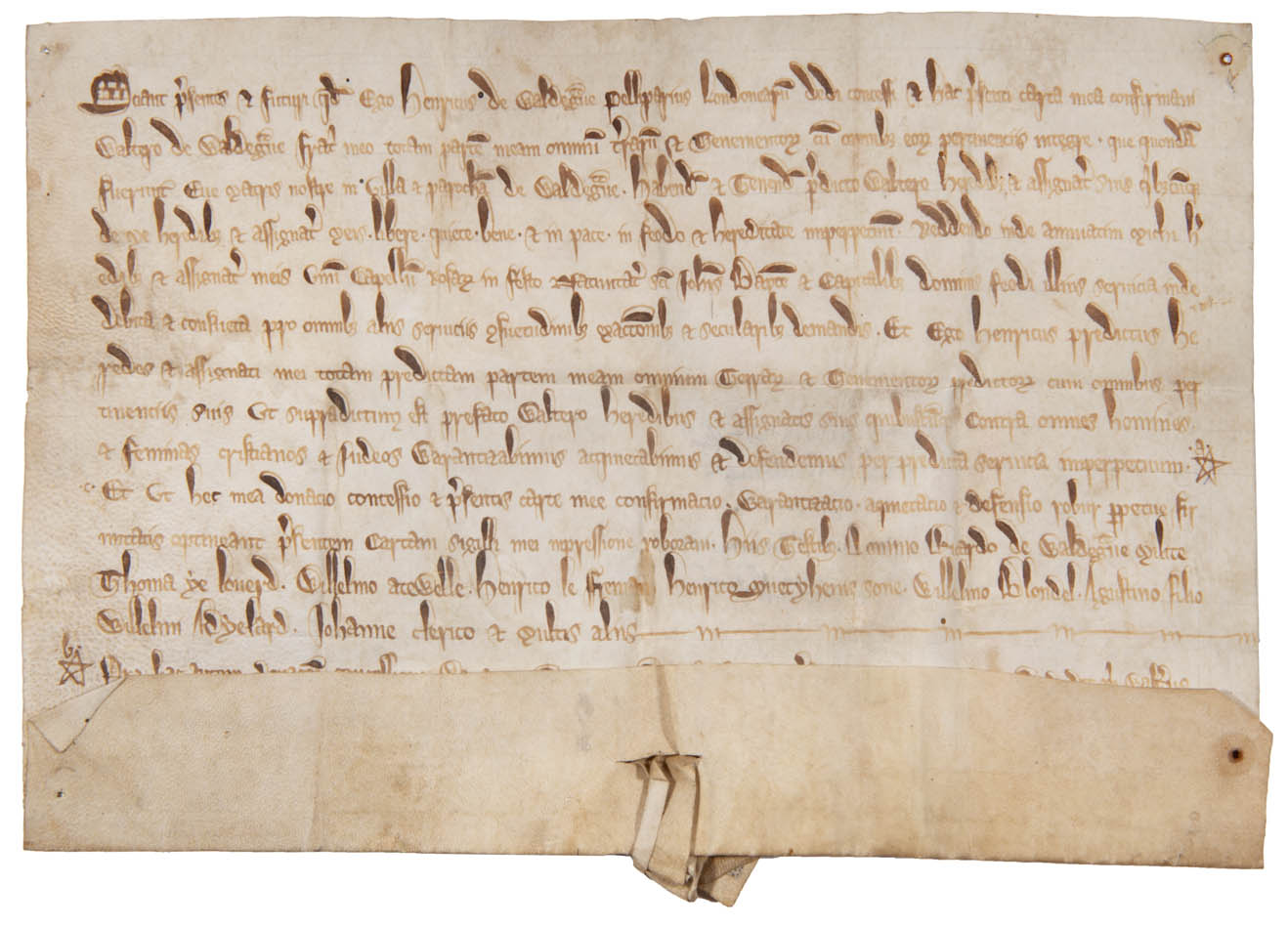 A late 13th-century gift of land from Henry de Waldegrave to his brother Walter, with clause exlcuding its future alienation to religious order and Jews.