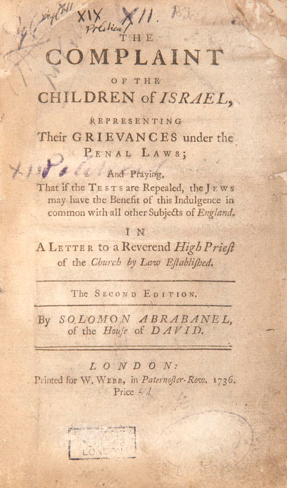 Discussing the Jews' grievances under the penal laws of 18th century England, in an address to a Reverend.