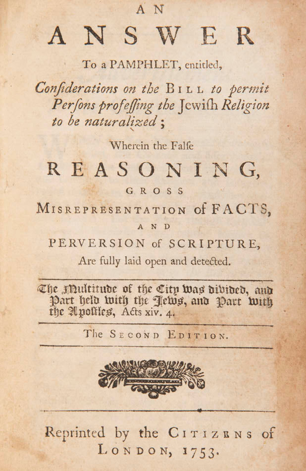 The second edition of Romaine's Answer To a Pamphlet attacking the Jewish Naturalisation Act of 1753.