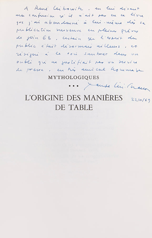 First edition of Mythologiques by Claude Levis-Strauss, inscribed by the author to Georges Th. Guilbaud and Rene Leibowitz.