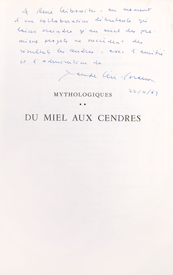 First edition of Mythologiques by Claude Levis-Strauss, inscribed by the author to Georges Th. Guilbaud and Rene Leibowitz.