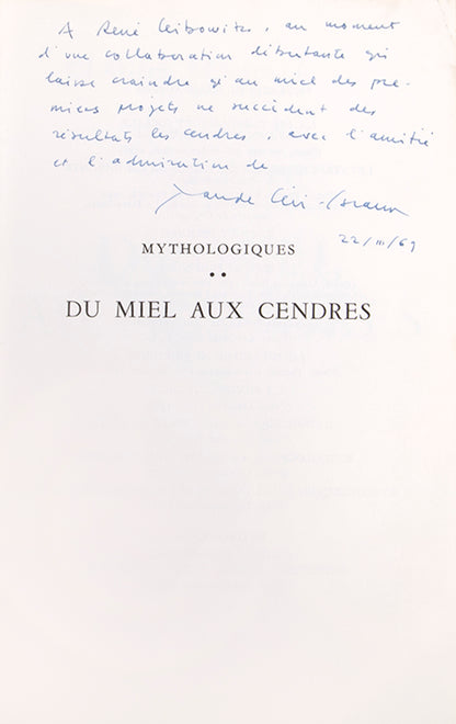 First edition of Mythologiques by Claude Levis-Strauss, inscribed by the author to Georges Th. Guilbaud and Rene Leibowitz.