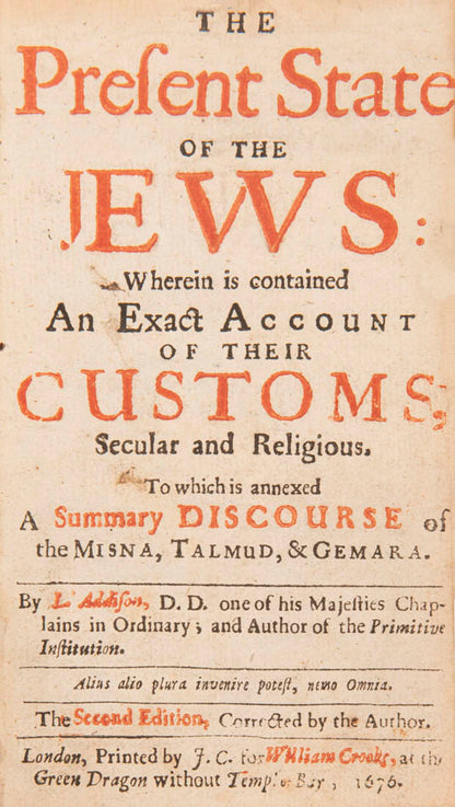 The Present State of the Jews is an interesting early account of life and customs of the Jewish community of the Barbary Coast by Lancelot Addison.