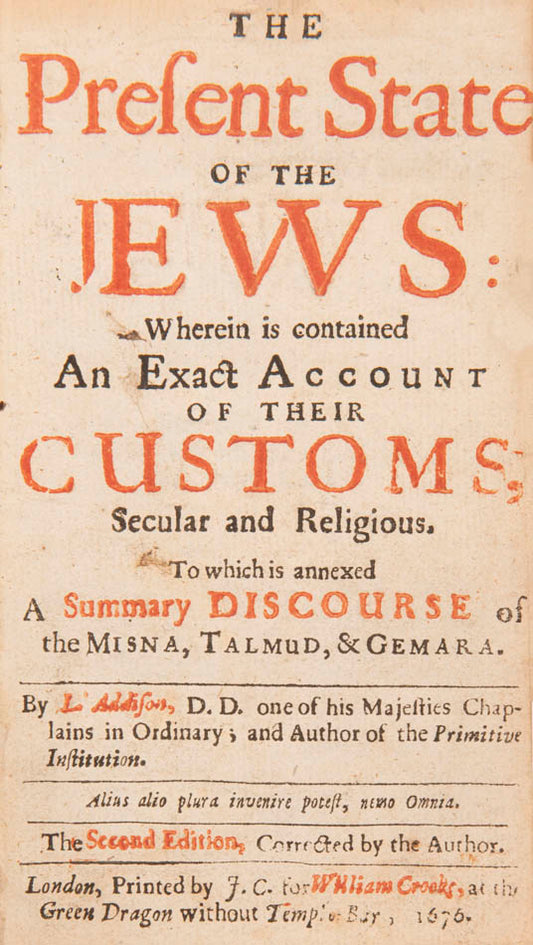The Present State of the Jews is an interesting early account of life and customs of the Jewish community of the Barbary Coast by Lancelot Addison.