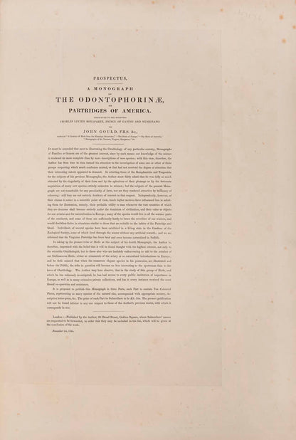 Rare example in original parts of John Gould's Partridges of America.
