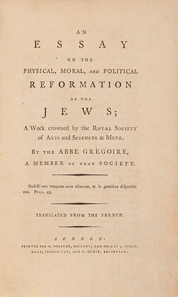 An essay by Henri Gregoire, on the physical, moral, and political reformation of the Jews, translated from French.