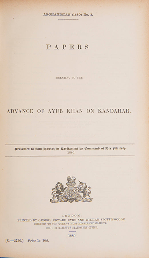 First editions of fifteen works of Government Correspondence charting the British relationship with Afghanistan, and by extension Russia, from 1863 to 1881, culminating in the Second Anglo-Afghan War.