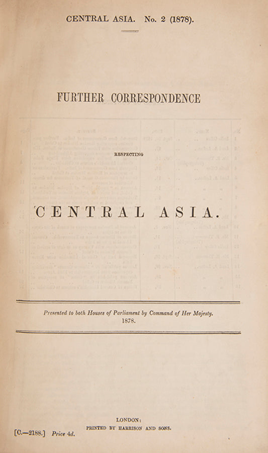 First editions of fifteen works of Government Correspondence charting the British relationship with Afghanistan, and by extension Russia, from 1863 to 1881, culminating in the Second Anglo-Afghan War.