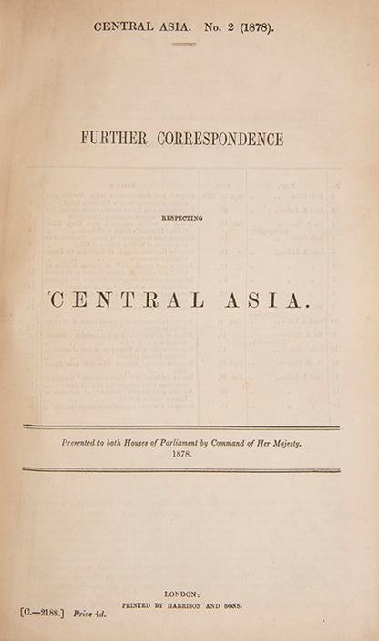 First editions of fifteen works of Government Correspondence charting the British relationship with Afghanistan, and by extension Russia, from 1863 to 1881, culminating in the Second Anglo-Afghan War.