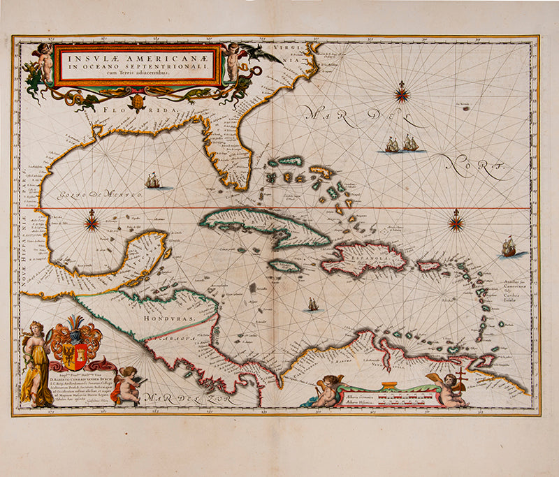 A beautiful map of the West Indies showing the eastern coast of North America, Central America and the northern coast of South America.