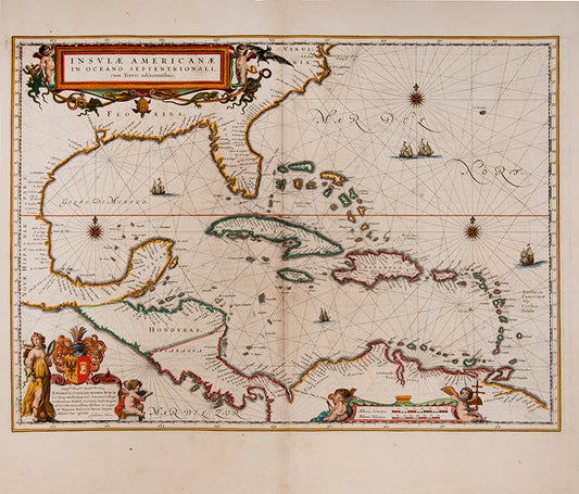 A beautiful map of the West Indies showing the eastern coast of North America, Central America and the northern coast of South America.
