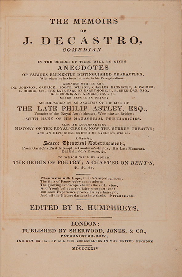 First edition of the memoirs of Jacob Decastro an early nineteenth-century English-Jewish circus comedian.
