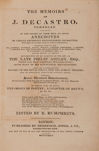 First edition of the memoirs of Jacob Decastro an early nineteenth-century English-Jewish circus comedian.