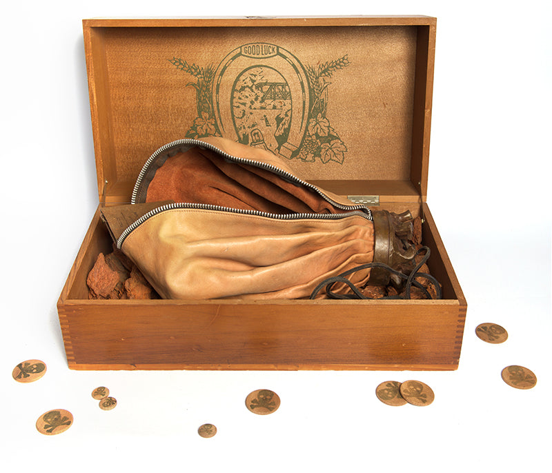 Claes Oldenburg, Double Nose Purse Punching Bag Ashtray 1970, leather, bronze, wood, metal, bark chips, book, signed, from the edition of 75