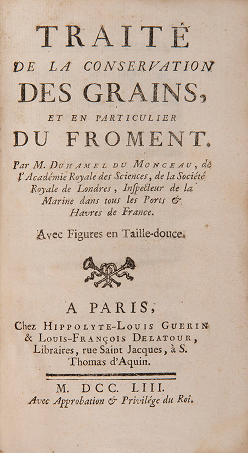 An attractive first edition of Duhamel's rare agricultural treatise, Traite de la conservation des grains, in a contemporary sprinkled calf binding.
