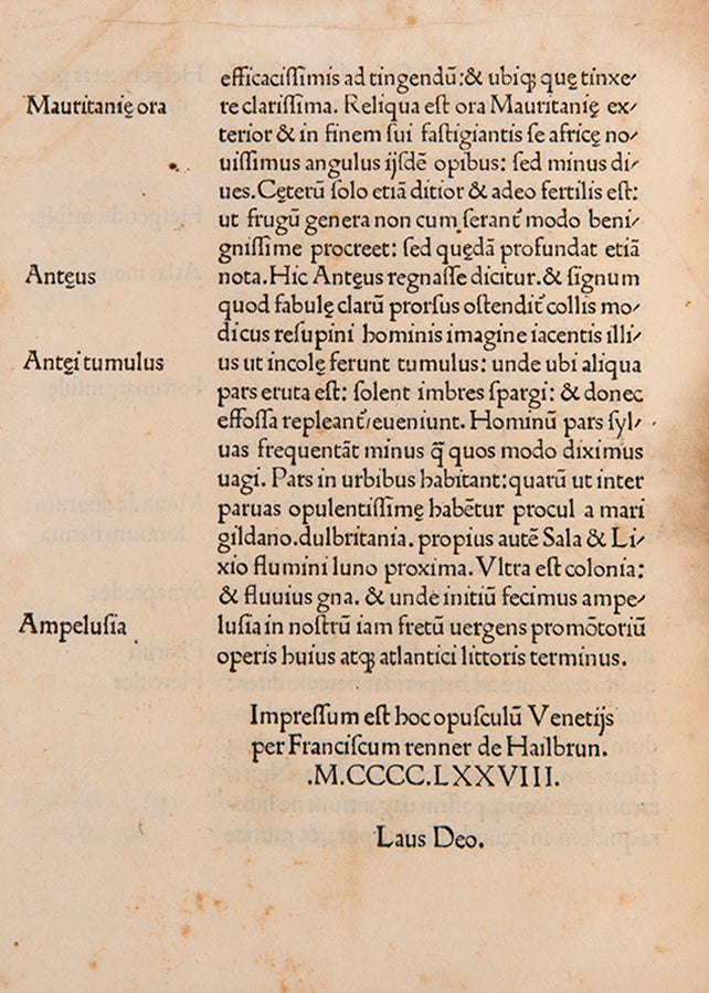 Fourth edition of Cosmographia by Pomponius Mela, the only Roman treatise devoted exclusively to geography.