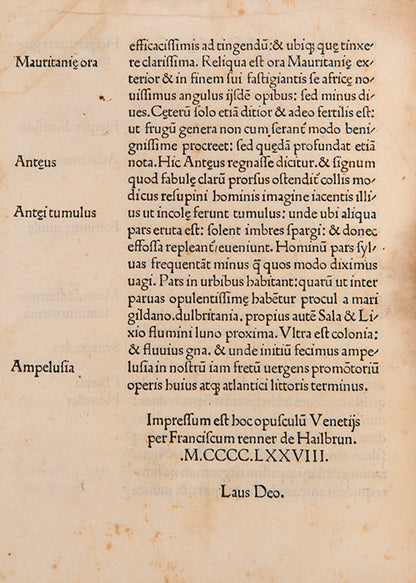 Fourth edition of Cosmographia by Pomponius Mela, the only Roman treatise devoted exclusively to geography.