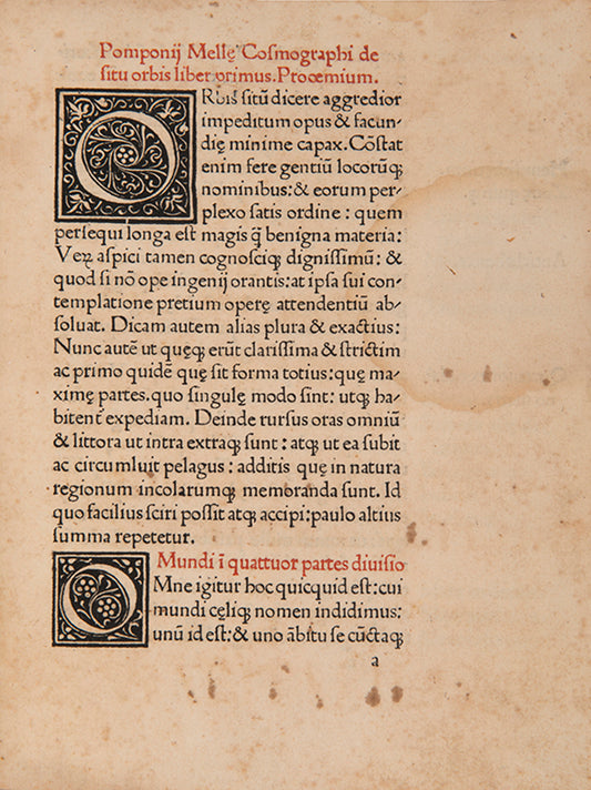 Fourth edition of Cosmographia by Pomponius Mela, the only Roman treatise devoted exclusively to geography.
