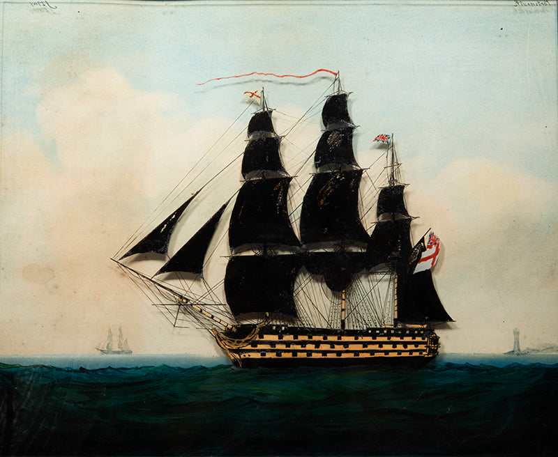 A pair of very well-preserved paintings on glass showing two flagships of Lord Nelson