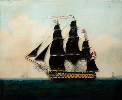 A pair of very well-preserved paintings on glass showing two flagships of Lord Nelson