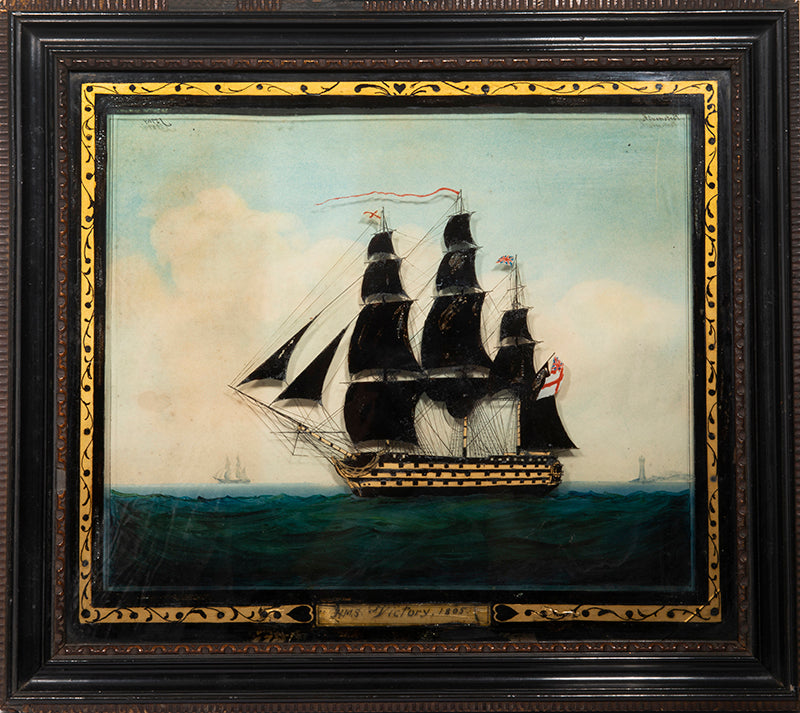 A pair of very well-preserved paintings on glass showing two flagships of Lord Nelson