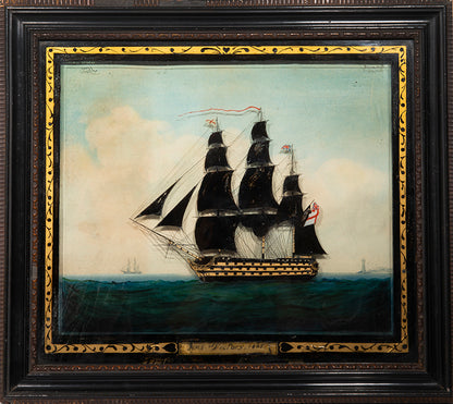 A pair of very well-preserved paintings on glass showing two flagships of Lord Nelson