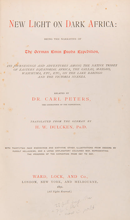 A German counterpart to Stanley's In Darkest Africa, this represents Peter's journey to find Emin Pasha on the Upper Nile