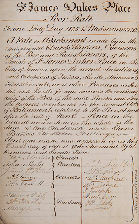 The poor rate assessment ledger for the parish of St. James Duke's Place, Aldgate, a testament to a thriving Jewish community in the heart of London.