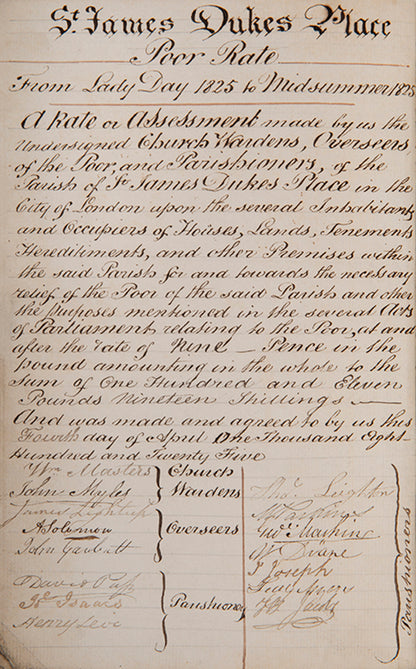 The poor rate assessment ledger for the parish of St. James Duke's Place, Aldgate, a testament to a thriving Jewish community in the heart of London.