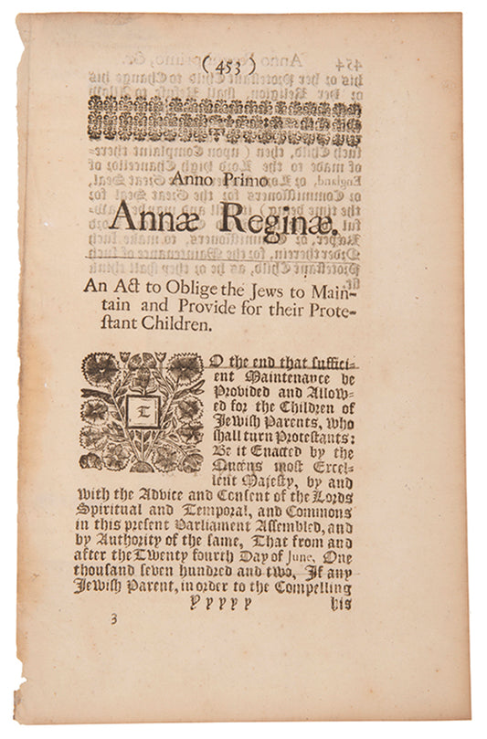An act of Parliament obliging Jewish parents to maintain and provide for any children they have which convert to Protestantism