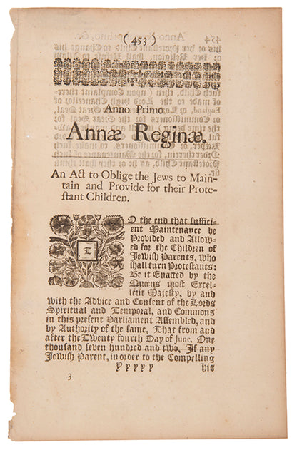 An act of Parliament obliging Jewish parents to maintain and provide for any children they have which convert to Protestantism