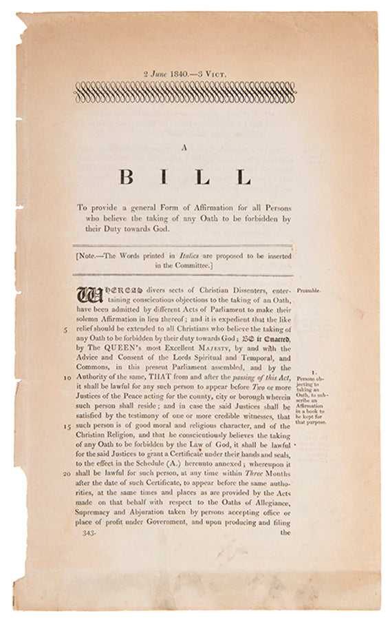 A private member's bill to provide a general form of affirmation, an attempt to extend the privilege beyond Quakers, House of Commons, 2nd June 1840