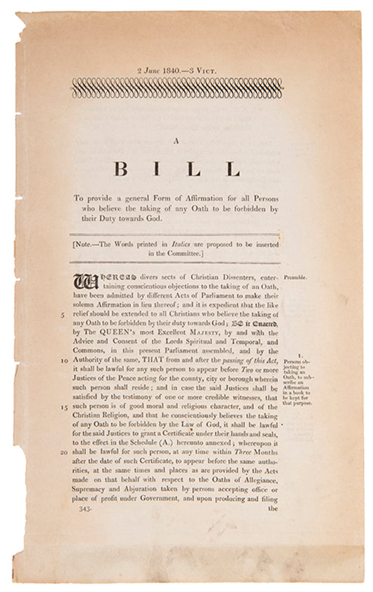 A private member's bill to provide a general form of affirmation, an attempt to extend the privilege beyond Quakers, House of Commons, 2nd June 1840