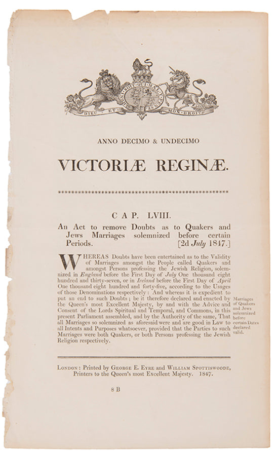 An act of Parliament to remove Doubts as to Quakers and Jews Marriages, drafted in response to the case of R vs. Millis 1844