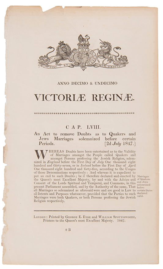 An act of Parliament to remove Doubts as to Quakers and Jews Marriages, drafted in response to the case of R vs. Millis 1844
