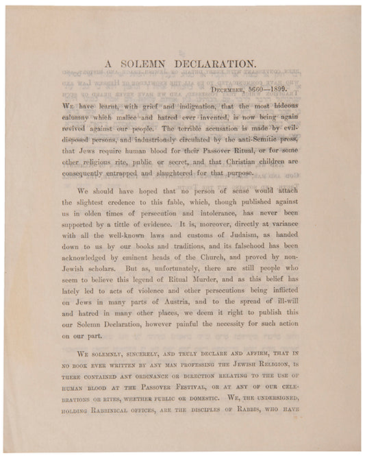 Unsigned declaration of London rabbies concerning ritual murder allegation. December, 5660-1899.