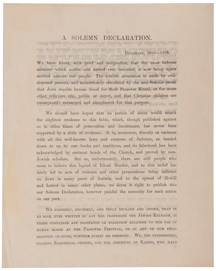 Unsigned declaration of London rabbies concerning ritual murder allegation. December, 5660-1899.