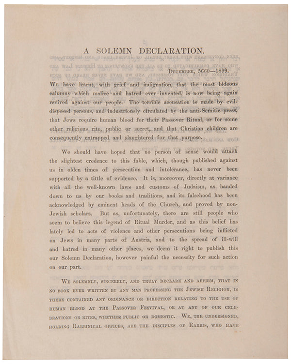 Unsigned declaration of London rabbies concerning ritual murder allegation. December, 5660-1899.