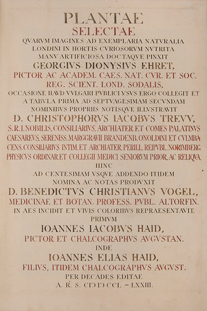 Trew's Plantae Selectae is one of the greatest eighteenth-century botanical books, with 100  plates after paintings by Georg Dionysius Ehret.  