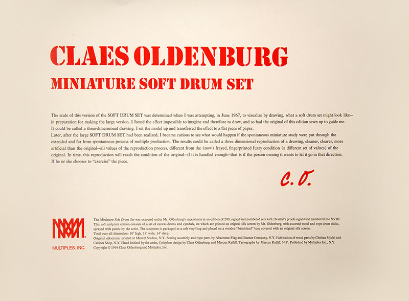 Claes Oldenburg, Miniature Soft Drum Set, 1970, screenprint, canvas, washline, wood, spray enamel, signed, from the edition of 200