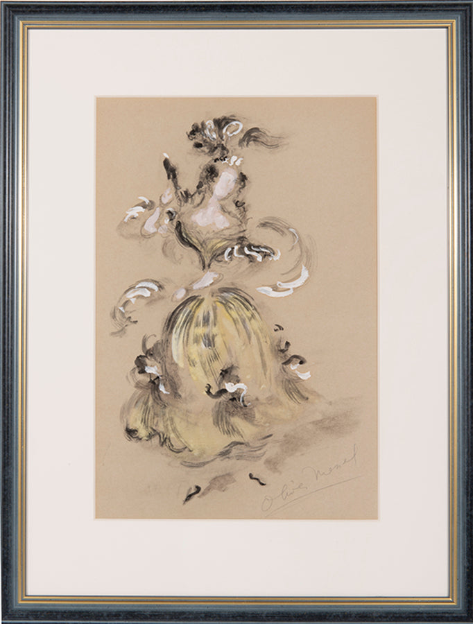 Oliver Messell's costume design for Clorinda in a 1952 Glyndebourne production of Rossini's La Cenerentola, signed in pencil by the artist.