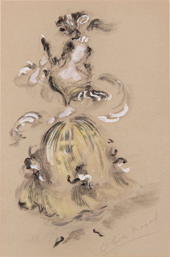 Oliver Messell's costume design for Clorinda in a 1952 Glyndebourne production of Rossini's La Cenerentola, signed in pencil by the artist.