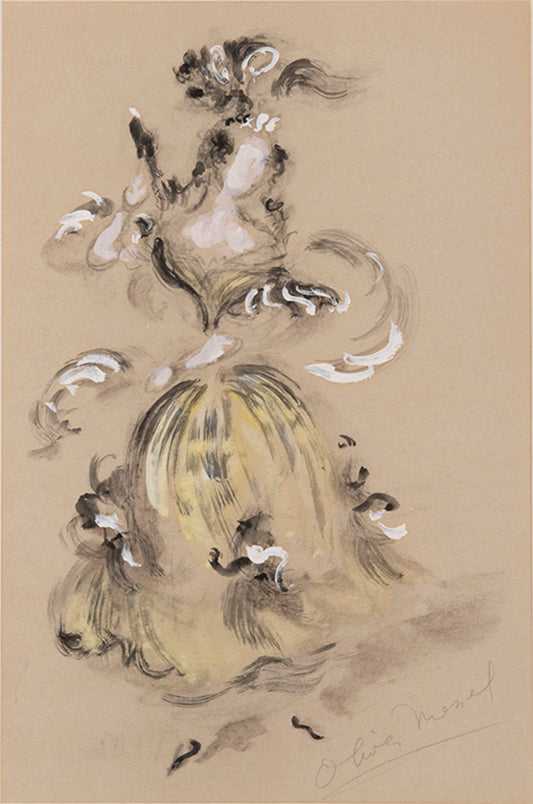 Oliver Messell's costume design for Clorinda in a 1952 Glyndebourne production of Rossini's La Cenerentola, signed in pencil by the artist.