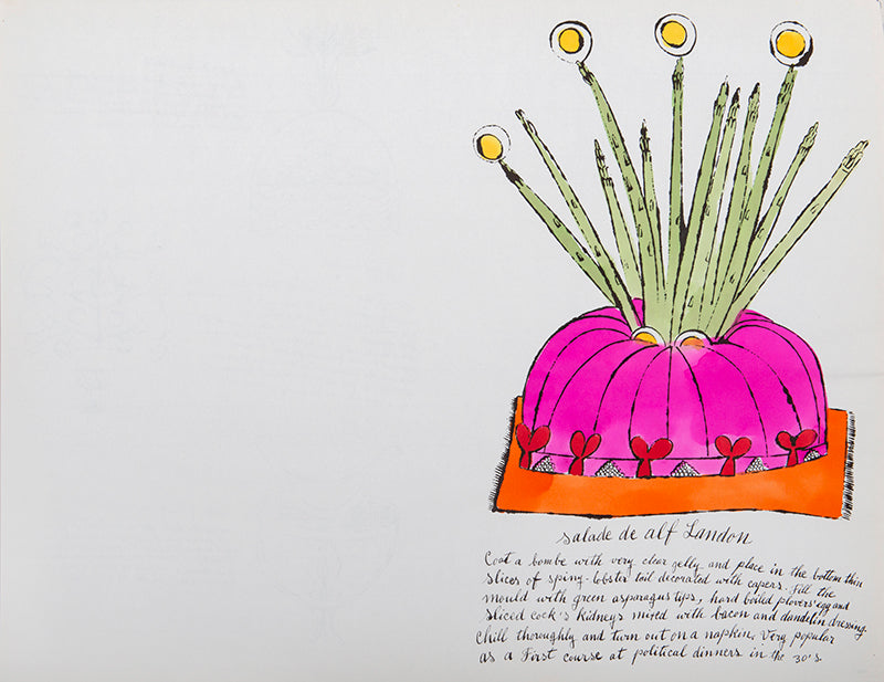 Salade de Alf Landon is an offset lithograph with hand-colouring by Andy Warhol from 'Wild Raspberries, published in 1959.